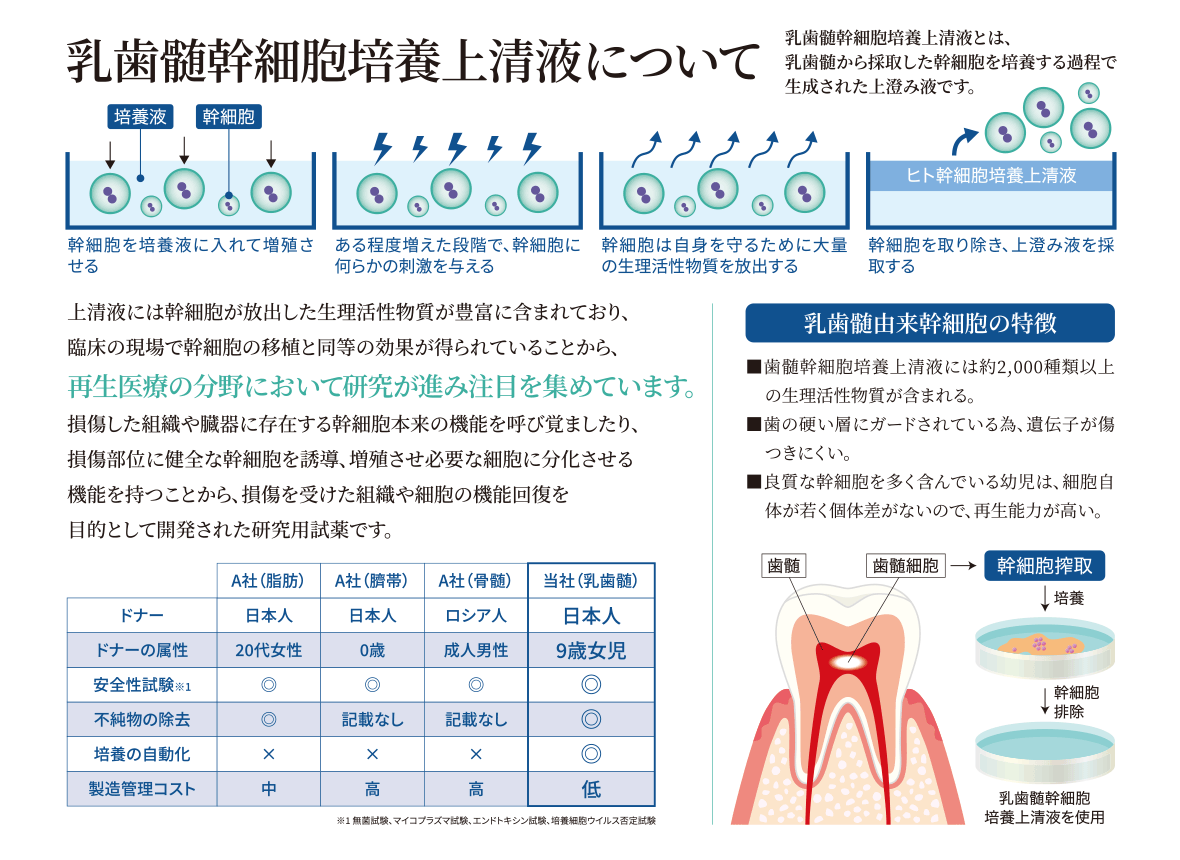 2,000種以上の生理活性物質を含む歯髄幹細胞培養上清液を日本国内で生産。ロボットによる自動精算による不純物を極限まで取り除いた安全のエクソソーム。