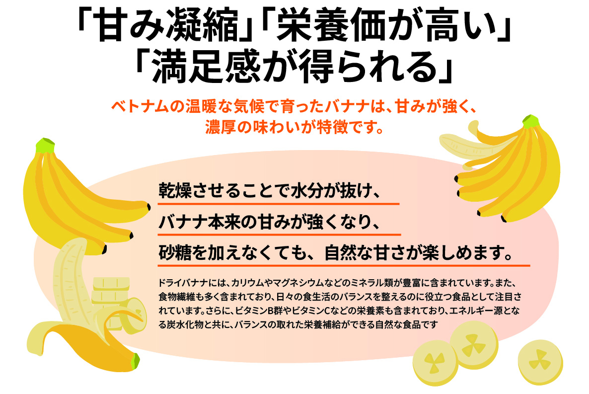 「甘み凝縮」「栄養価が高い」「満足度が得られる」ベトナムの温暖な気候で育ったバナナは、甘みが強く、濃厚な味わいが特徴です。