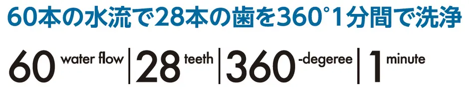 60本の水流で28本の歯を360°1分間で洗浄