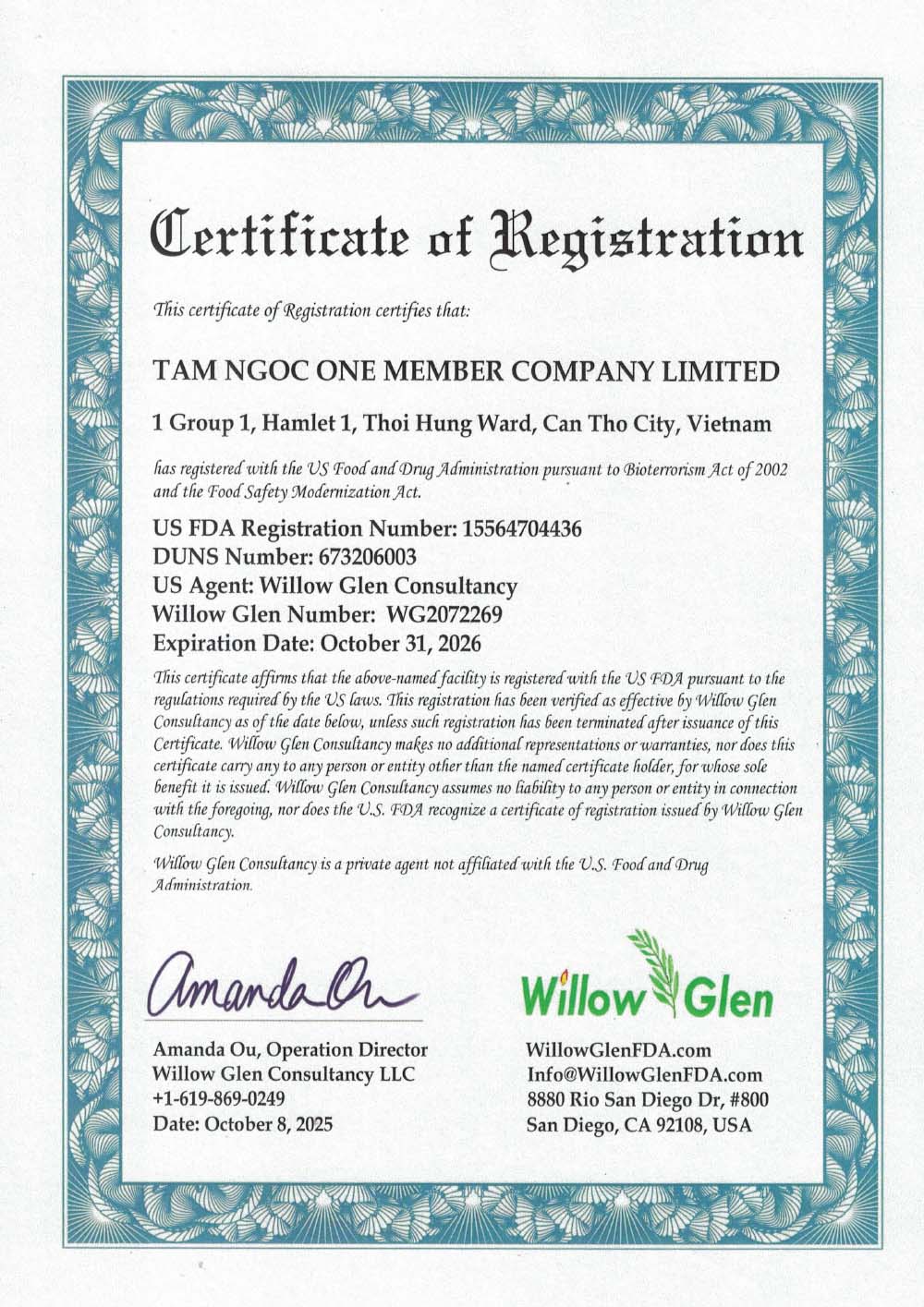 FDA／Willow Glen認定証